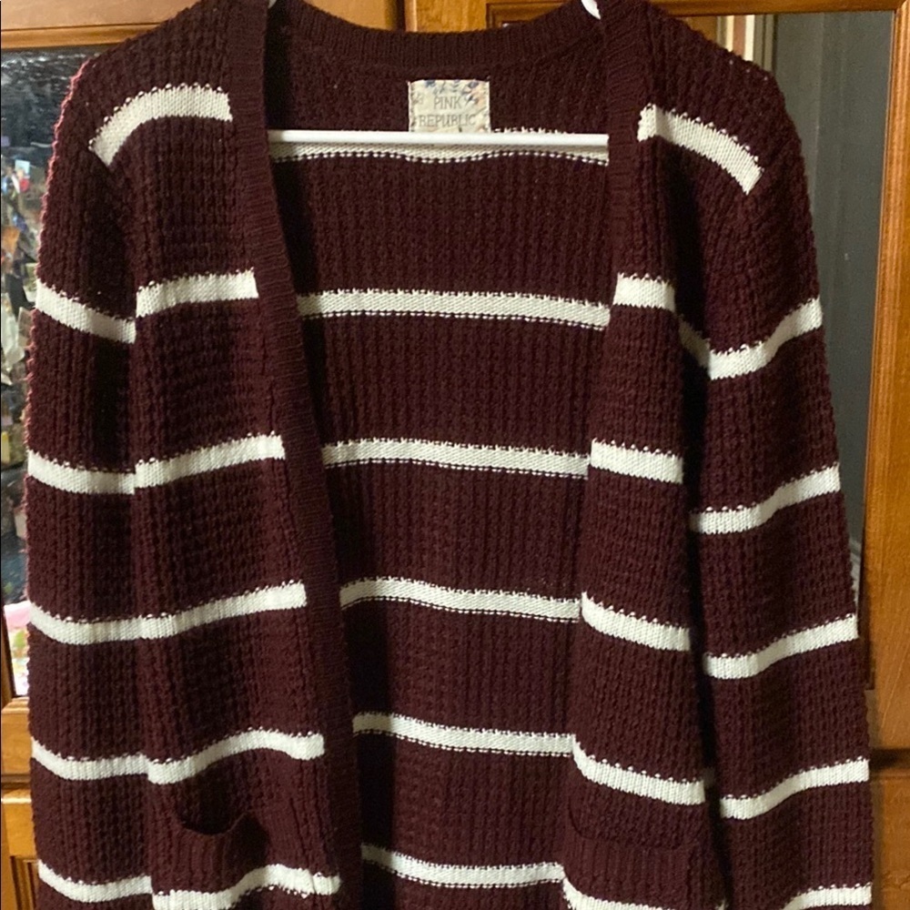 Pink Republic Size Large Cozy Brown and White Cardigan Sweater Fall Spring
